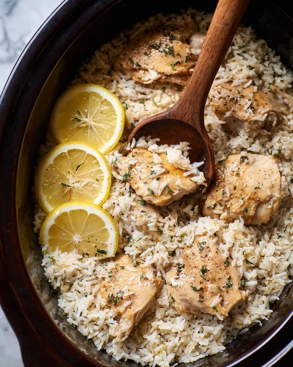 The dish shows five light brown pieces of chicken, some covered lightly with white rice mixed with small green herbs spread evenly. The rice is fluffy and soft, surrounding the chicken in layers. On the left side, three thin round slices of yellow lemon sit on the rice. A wooden spoon is lifting one piece of chicken with rice over the mixture. The food is inside a dark round cooker with a white marbled texture background. photo taken with an iphone --ar 4:5 --v 7