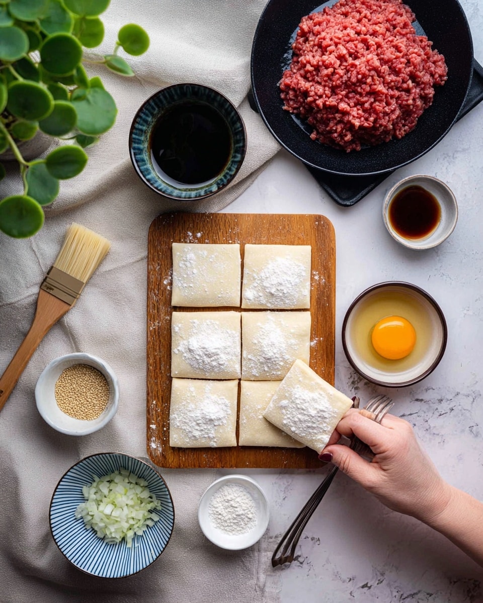 A white marbled surface holds a wooden board with six square pieces of pale, smooth dough dusted lightly with flour, arranged in two rows of three; a woman's hand is lifting one square from the bottom right corner while a fork rests nearby. Above the board, a pale wooden brush lays on a soft light gray cloth. A black tray displays ingredients: a black bowl filled with bright red ground meat, a blue and white striped bowl with finely chopped white onions, and a small dark bowl with a single raw egg yolk. Surrounding these are small white bowls containing pale sesame seeds, light brown sugar, dark soy sauce, and golden oil. A green plant with round leaves peeks from the top left. Photo taken with an iphone --ar 4:5 --v 7