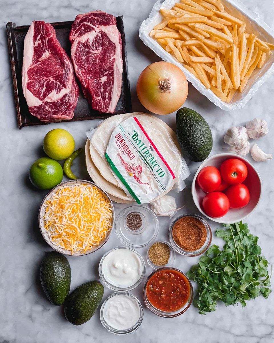The image shows fresh ingredients arranged on a white marbled surface. There are two large pieces of raw red meat with white marbling placed on a small black tray at the bottom left. Above the meat, a round yellow onion and three small green limes are visible. Towards the center, there is a pack of large white flour tortillas with green, red, and white labeling. To the right of the tortillas, two dark green avocados and two red tomatoes are placed next to a dark red onion. A round white bowl filled with shredded orange and white cheese is near the center, surrounded by small bowls of white salt, brown and red spices, and three bright green chili peppers with some garlic cloves nearby. At the top right, a white tray holds thin light golden French fries. Above these, two small bowls contain red salsa and white sour cream. Fresh green cilantro leaves are in the bottom right corner. Photo taken with an iphone --ar 4:5 --v 7