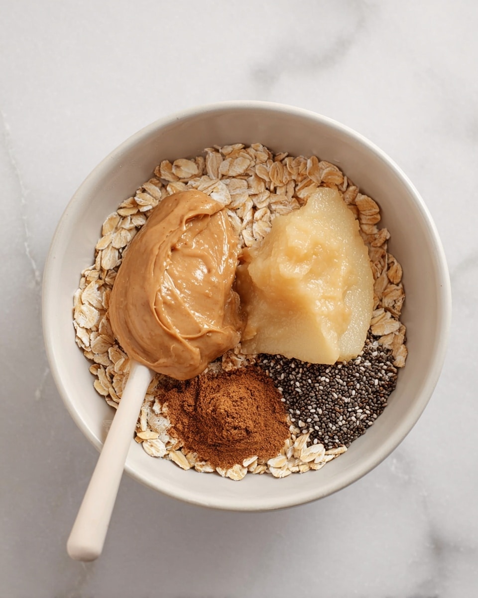 In a white bowl on a white marbled surface, there is one main layer of light beige rolled oats filling the bowl. On top, towards the left, there is a smooth, thick dollop of light brown peanut butter. To the right of the peanut butter, there is a pale yellow, slightly textured scoop of applesauce. Below the applesauce, there is a small pile of dark brown cinnamon powder, and next to it, to the right, a small heap of tiny black chia seeds. A white wooden spoon rests diagonally inside the bowl, with the handle extending outside. The photo is taken with an iphone --ar 4:5 --v 7