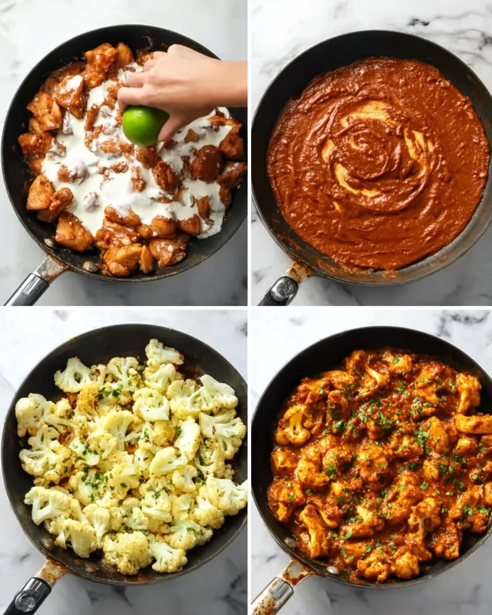 The image shows a collage of four cooking stages in black pans placed on a white marbled surface. In the first scene, chunks of cooked chicken covered with white cream sauce fill the pan. In the second, a woman's hand squeezes a green lime over a thick, smooth, reddish-brown sauce spread evenly in the pan. The third shows raw pieces of cauliflower layered on top of the same reddish-brown sauce, the cauliflower is pale yellow with some green parts visible. In the last scene, the cauliflower and sauce mixture is fully cooked and stirred, the sauce now coats golden brown cauliflower pieces, topped with green herbs, all mixed well in the pan. photo taken with an iphone --ar 4:5 --v 7