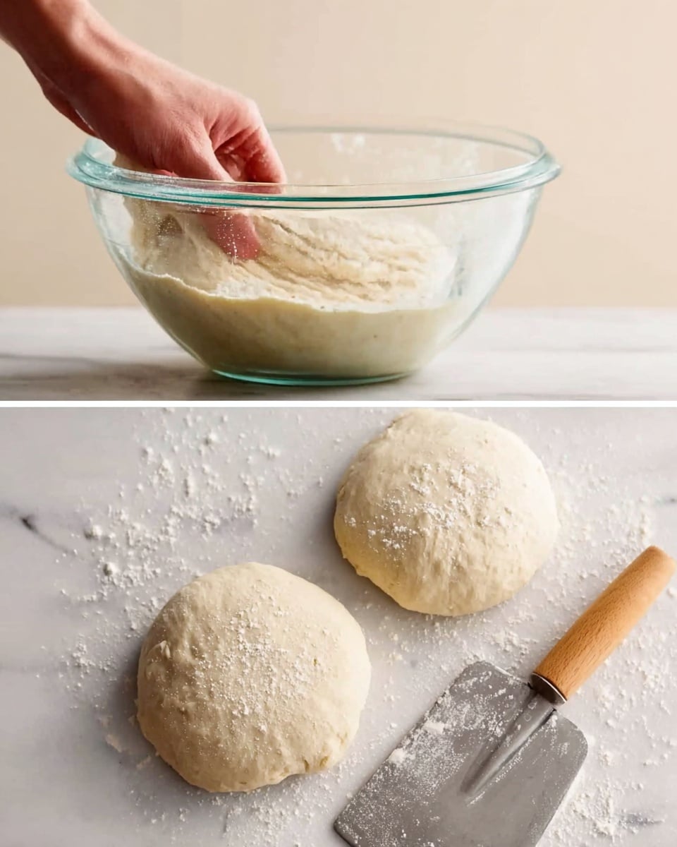 The first image shows a woman's hand inside a clear glass bowl filled with dough that is light beige and has a soft, slightly sticky texture. The dough appears to be rising, filling about half of the bowl. The second image displays two round dough balls on a white marbled surface dusted lightly with flour, with a metal dough scraper that has a wooden handle placed nearby. Both dough balls are pale beige and smooth, with a small amount of flour scattered on top. Photo taken with an iphone --ar 4:5 --v 7