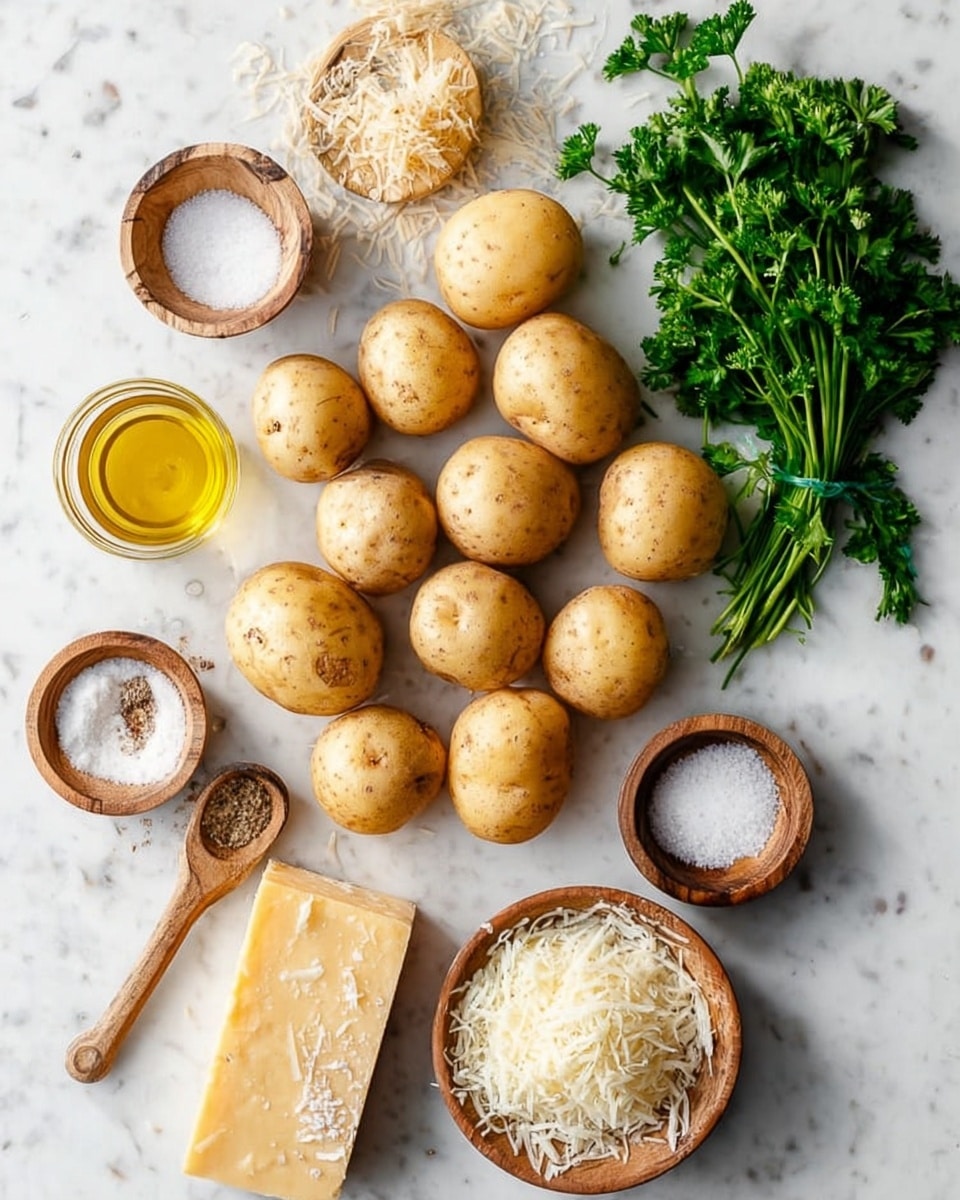 The image shows about 20 light brown potatoes spread on a white marbled surface, surrounded by small wooden bowls of white salt and other seasonings, a small glass container of golden olive oil, a block of yellow cheese, a bowl of grated white cheese with a small wooden spoon, and a bunch of green parsley leaves at the top right corner, all arranged neatly and clearly on the white marbled background photo taken with an iphone --ar 4:5 --v 7