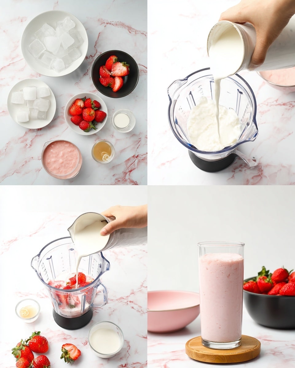 The image shows four scenes of making a strawberry smoothie on a white marbled surface. The first scene has multiple ingredients arranged neatly: ice cubes in a white bowl, frozen strawberries in a small black bowl, fresh strawberries scattered around, a small cup with a light liquid, a white bowl of sugar, a pink bowl filled with white milk, and a small bowl with a creamy liquid. The second scene shows a woman's hand pouring the creamy liquid from a white bowl into a clear blender filled with milk, with fresh strawberries around. The third scene shows the woman's hand adding frozen strawberries from a small black bowl into the blender with the other ingredients inside. The fourth scene shows a pink strawberry smoothie being poured from the blender into a tall clear glass placed on a small wooden coaster, with fresh strawberries and a dark bowl of strawberries in the background. Photo taken with an iphone --ar 4:5 --v 7