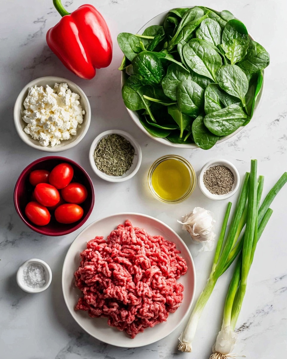 The image shows ingredients arranged neatly on a white marbled surface. There is a large white bowl full of fresh, dark green spinach leaves to the top right. Below that, on the left side, a white plate holds a pile of raw ground beef with a pinkish-red color and a soft texture. To the left of the spinach bowl, a whole bright red bell pepper is placed. Around the main items, smaller bowls and items are spread out: a white bowl contains crumbled white feta cheese, a dark red bowl holds shiny red cherry tomatoes, and a small white bowl has a mix of salt and black pepper. Fresh green onions with long stalks lay nearby, along with a whole white garlic bulb. A small glass container holds golden yellow olive oil, and a tiny white dish contains dried oregano. The scene is clean and fresh with the natural colors of the ingredients standing out. photo taken with an iphone --ar 4:5 --v 7
