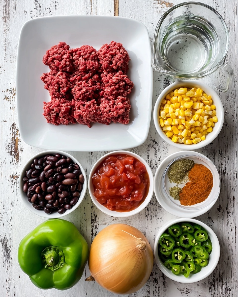 The image shows a white plate with raw ground beef arranged in a neat square shape on the left side, surrounded by small white bowls containing various colorful ingredients: black beans (top left), kidney beans (bottom right), corn (top right), tomato paste (small bowl near the bottom left), taco seasoning (small bowl in the center), diced tomatoes (bottom right bowl), and green chilies (small bowl at the top). Below the ground beef is a fresh green bell pepper and a whole onion. A clear glass measuring cup with water sits on the top right. All items are placed on a white marbled surface with visible wood texture beneath. The arrangement is clean and organized, showing a variety of textures and colors including red, green, yellow, brown, and white. photo taken with an iphone --ar 4:5 --v 7