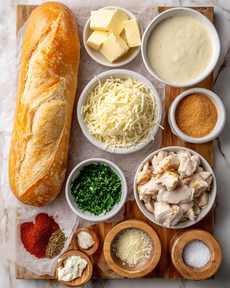 A white loaf of French bread with a golden crust sits on parchment paper at the left side of the image. Surrounding the bread are small white bowls filled with different ingredients arranged on a wooden textured surface. Starting from the top right, there is a white bowl of creamy Alfredo sauce with a smooth texture, below it a white bowl full of shredded mozzarella cheese with fine, soft strands. To the right of the mozzarella, a white bowl holds cooked chicken pieces that are white with light brown seasoning. Near the center, a white bowl contains chopped green parsley, below which is a white bowl of minced garlic with small creamy pieces. Below that, a wooden bowl holds several slices of pale yellow butter. Next to the parsley, a white bowl contains light orange-colored garlic powder, and beside that is a white bowl with reddish smoked paprika powder. Toward the bottom left, a small white bowl contains finely grated Parmesan cheese with a pale yellow color. Lastly, two small wooden containers hold coarse black pepper and white salt. The whole scene rests on a wooden surface replaced with a white marbled texture. photo taken with an iphone --ar 4:5 --v 7