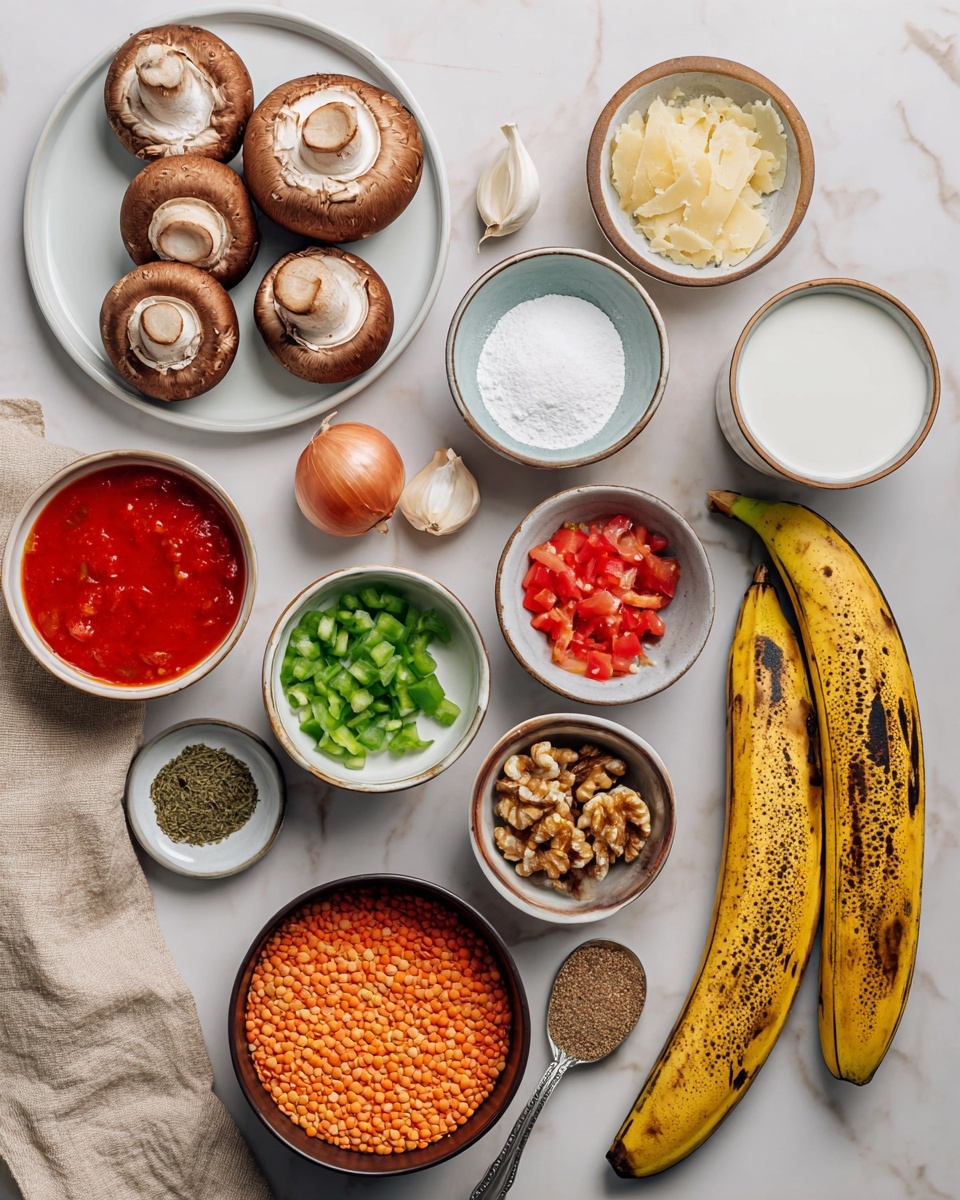 The image shows many cooking ingredients laid out neatly on a white marbled surface. From left to right, top to bottom, there are four large brown mushrooms on a white plate, a small white bowl with a light yellow flaky ingredient, a small white bowl with white powder, another white bowl with several spices in green, red, and yellow colors arranged in small sections. Next, there are two garlic cloves and a reddish brown shallot. Near the middle, a small dark bowl holds bright red diced tomatoes in juice. Below are a small white bowl with diced green bell pepper, a dark bowl with orange lentils, and a small brown plate with walnut halves. Below that is a small clear glass container with white coconut milk. On the far right side are two very dark yellow plantains with black spots. A spoon near the bottom right holds a white powder, and another spoon near the top left holds brown peanut butter-like paste. A beige cloth is partly visible on the left side. photo taken with an iphone --ar 4:5 --v 7
