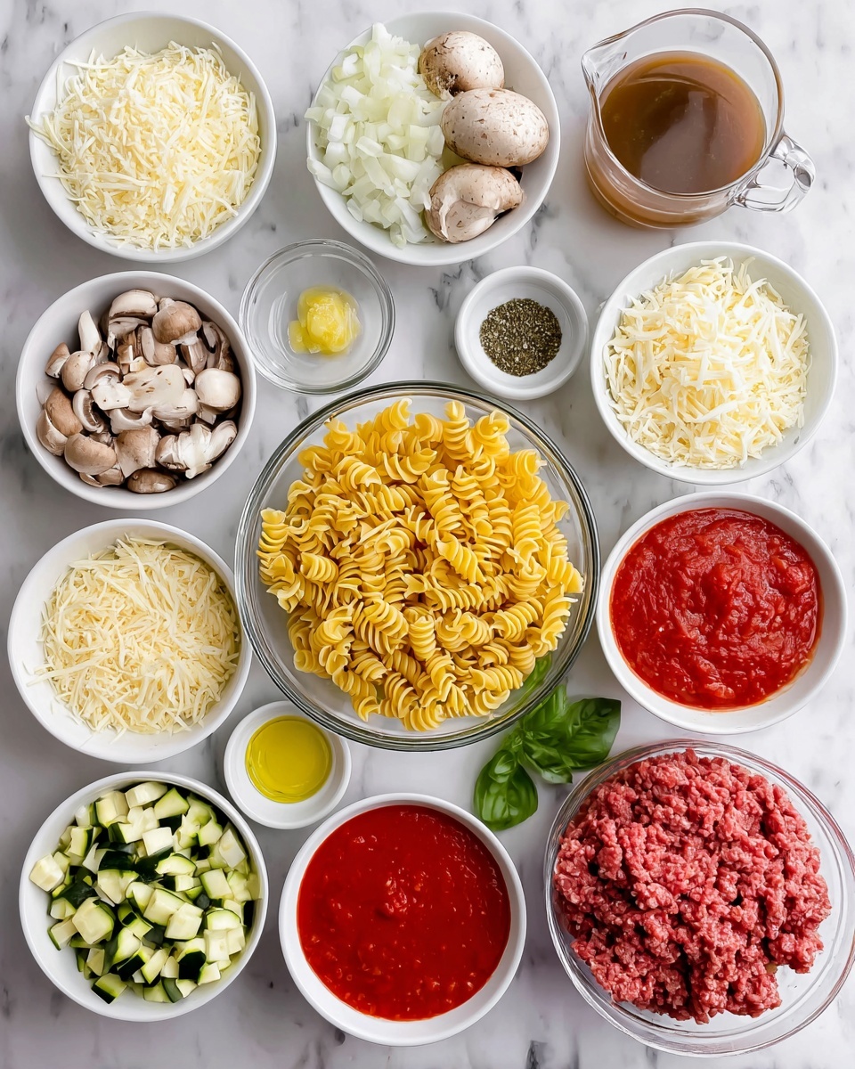 A top-down view of various cooking ingredients neatly arranged on a white marbled surface. In the center is a clear glass bowl filled with yellow spiral pasta. Surrounding it are multiple white bowls: at the top left, a bowl of shredded white mozzarella cheese, next to it diced white onions, and a small bowl of dried green Italian seasoning; top right shows a clear measuring cup of brown broth, below that a small bowl of pale yellow shredded Parmesan cheese and a bowl of chopped green and white zucchini pieces. Below the pasta is a bowl of bright red tomato sauce, to its left a small bowl of minced light yellow garlic, a tiny bowl of green basil leaves, and white bowls with salt and golden olive oil. On the right side near the center is a bowl of raw, red ground beef, with a small bowl of black pepper below it. Above the beef, nestled between bowls, are chopped beige mushrooms and diced red tomatoes in a white bowl on the left. The arrangement is clean and orderly with good lighting. Photo taken with an iphone --ar 4:5 --v 7