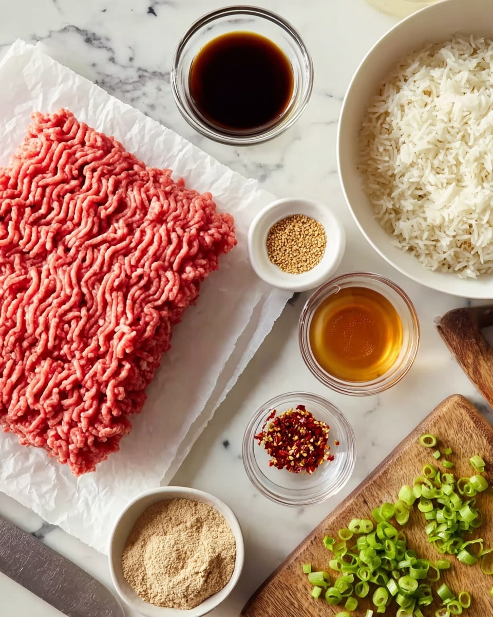 A white plate holds a large block of raw ground meat with a bright pinkish-red color and a wavy texture, resting on white parchment paper. To the top right, a white bowl is filled with cooked white rice, showing fluffy grain texture. Around the meat and rice, several small white and clear glass bowls contain different ingredients: one has a deep amber liquid, another has dark soy sauce, one holds golden sesame seeds, and another has red chili flakes. In the bottom left corner, a white bowl contains a light brown powder, placed near a wooden cutting board. The board has chopped green onions with a sharp knife featuring a wooden handle lying next to them. The scene is set on a white marbled surface. Photo taken with an iphone --ar 4:5 --v 7
