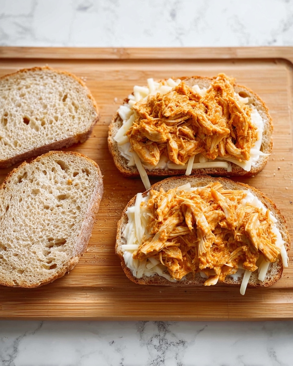The image shows two open-faced sandwiches on a wooden cutting board placed on a white marbled surface. Each sandwich has three layers: the bottom layer is a slice of light brown bread with visible air holes and a slightly rough texture; the middle layer is shredded white cheese spread evenly; the top layer is orange-colored shredded chicken piled high with a moist and textured look. The sandwich bread slices are matched with their respective open halves placed beside them, showing the soft inside crumb and rough crust. Photo taken with an iphone --ar 4:5 --v 7