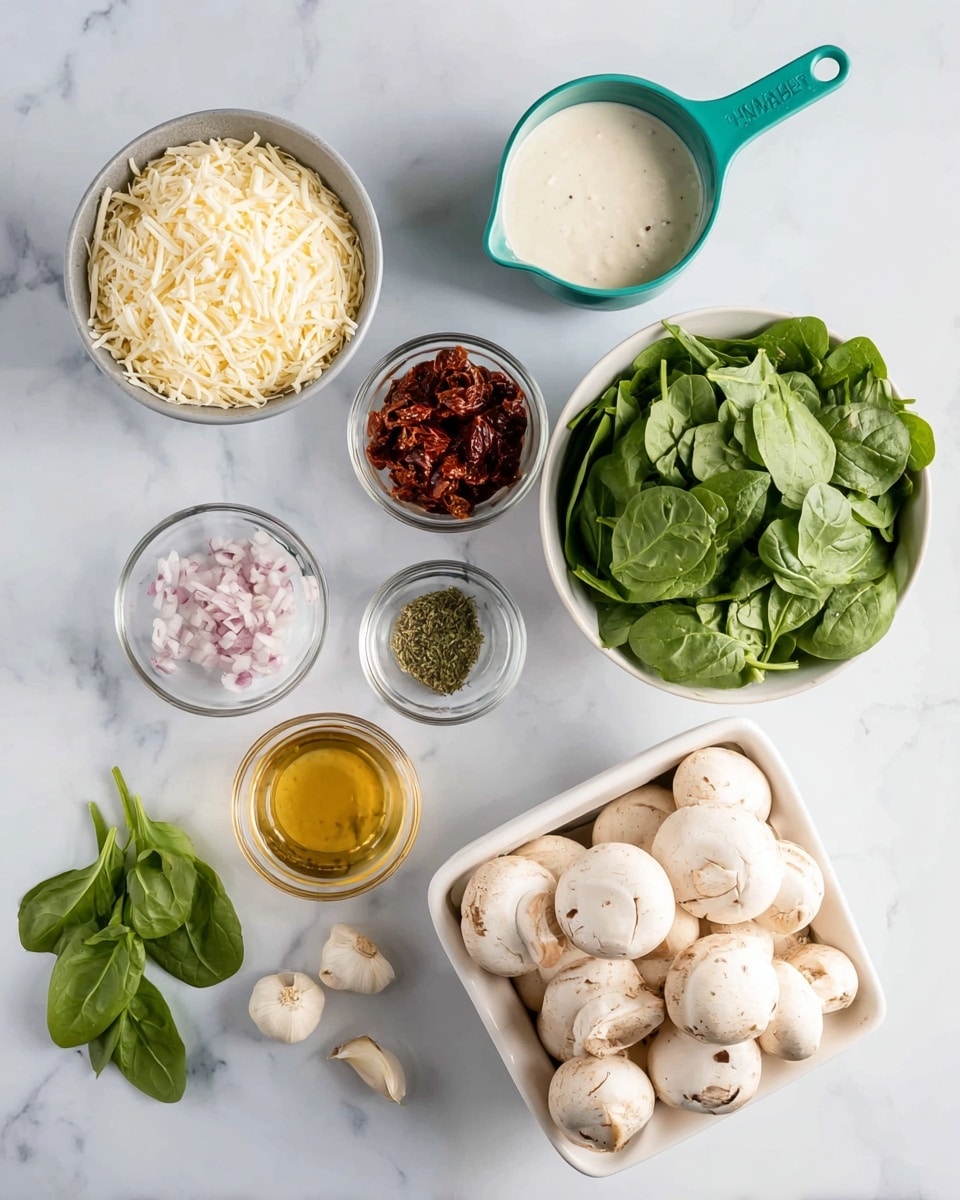 The image shows a top-down view of fresh cooking ingredients neatly arranged on a white marbled surface. In the bottom right, there is a white square container filled with whole white mushrooms. To the left of it, there is a white bowl full of fresh green spinach leaves. Above the mushrooms is a small glass bowl with a golden liquid, likely oil with herbs. Beside it is another small bowl with dried green herbs. Above these is a white measuring cup filled with dried red sun-dried tomatoes, and next to it a teal-handled metal cup of creamy white sauce. To the top left there is a grey bowl heaped with finely shredded pale yellow cheese. In the middle is a small clear bowl with finely chopped light purple onion. Lastly, fresh green basil leaves and garlic cloves are placed at the bottom left. Photo taken with an iphone --ar 4:5 --v 7