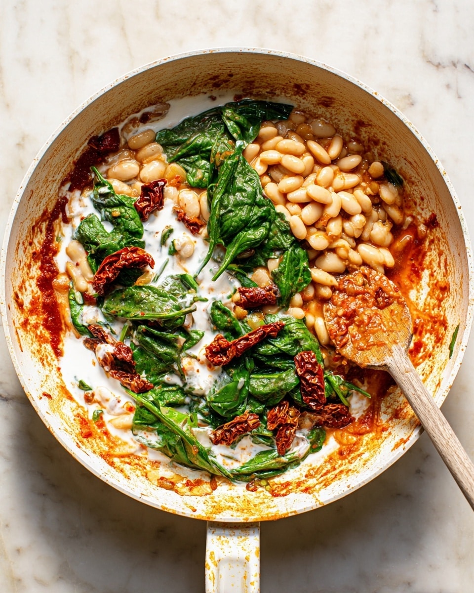 The image shows a white pan filled with a colorful mix of food layers. At the bottom, there is a layer of thick red sauce with hints of spices, partly stained around the pan's edges. On top of this, a layer of light yellowish-white beans is scattered evenly. Bright green spinach leaves with a soft texture are mixed in, adding contrast. Bits of sun-dried tomatoes with deep red and slightly wrinkled texture are sprinkled throughout. White creamy sauce is drizzled unevenly over the beans and spinach, creating a smooth, fresh look. A wooden spoon with sauce residue rests on the right edge of the pan. The pan’s handle is at the bottom, and the pan sits on a white marbled surface. Photo taken with an iphone --ar 4:5 --v 7