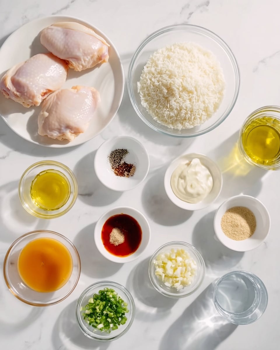 This image shows various cooking ingredients arranged neatly on a white marbled surface. On the left side, two pale pink raw chicken pieces lay on a white plate. At the top center, there is a clear bowl filled with uncooked white rice. To its right is a small glass bowl of creamy white mayo. Below the mayo are several tiny white bowls holding different seasonings: salt, cracked black pepper, and red sauce. At the bottom left, a glass bowl contains an orange sauce, and next to it are smaller white bowls with minced garlic, finely chopped green onions, and a light brown thick sauce. A small bowl near the center has yellow olive oil. Lastly, there is a clear glass cup with water positioned on the right side. All bowls are either clear glass or white, and the whole setup is bright with soft light. photo taken with an iphone --ar 4:5 --v 7