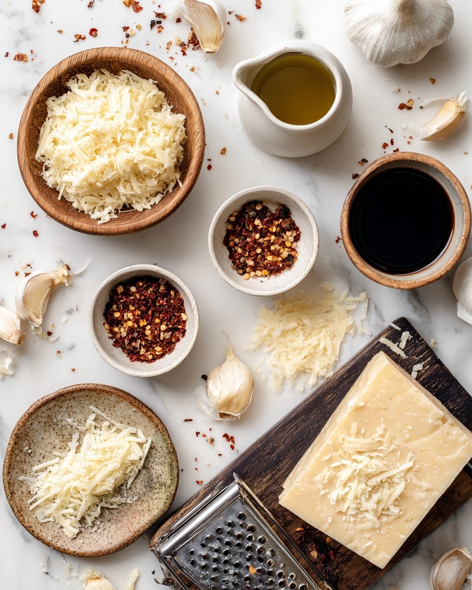 The image shows a top view of various ingredients arranged on a white marbled surface. There is a wooden bowl filled with shredded asiago cheese near the top left, next to scattered garlic cloves and garlic skin. Close by, two small white bowls hold red pepper flakes and Italian seasoning, respectively. A small rustic wooden plate contains a pile of salt. A white ceramic sauce pourer with olive oil sits in the upper right corner, next to a bowl of dark balsamic vinegar. A block of parmesan cheese with some shavings is on a dark wooden board at the bottom right. A metal grater with some asiago cheese on it lies near the parmesan. The ingredients are spaced out evenly, with some scattered cheese shreds and seasoning flakes on the surface. Photo taken with an iphone --ar 4:5 --v 7