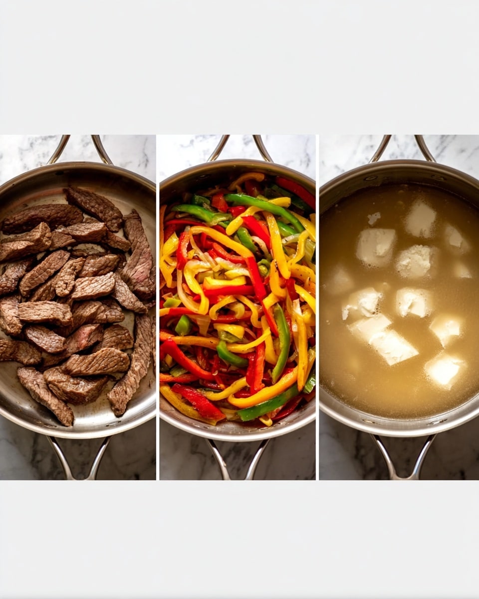 The first image shows a metal pan with three thin pieces of cooked steak, brown with some grill marks, lying flat in the pan. The second image shows a light brown liquid broth in a metal pan with uneven small dollops of white cream or butter floating on the surface. The third image shows the same metal pan filled with colorful cooked bell peppers in red, yellow, and green, mixed with thin strips of cooked steak, all layered together evenly on top. The pan is placed on a white marbled surface in all images. Photo taken with an iphone --ar 4:5 --v 7