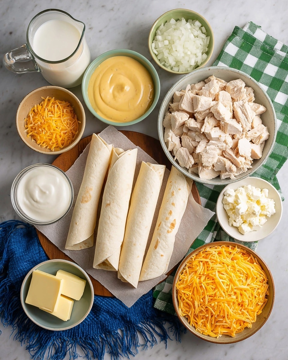 The image shows ingredients arranged neatly on a white marbled surface. In the center, four rolled, light beige tortillas rest on a wooden board covered with parchment paper. Around the tortillas are eight bowls and a small dish: a bowl with small, chopped white onions at the top, a bowl with thick, creamy yellow cheese sauce next to it, and a bowl with white cream cheese chunks below the cheese sauce. A large bowl filled with light beige, cubed cooked chicken is to the right of the tortillas. Below is a bowl with bright orange shredded cheddar cheese, and next to it, a small dish holding two slices of butter. On the left side, there's a small bowl with white milk and a glass jug filled with a clear light liquid, likely broth. A green and white checkered cloth is under some bowls, and a blue fringed cloth is beneath the board. photo taken with an iphone --ar 4:5 --v 7