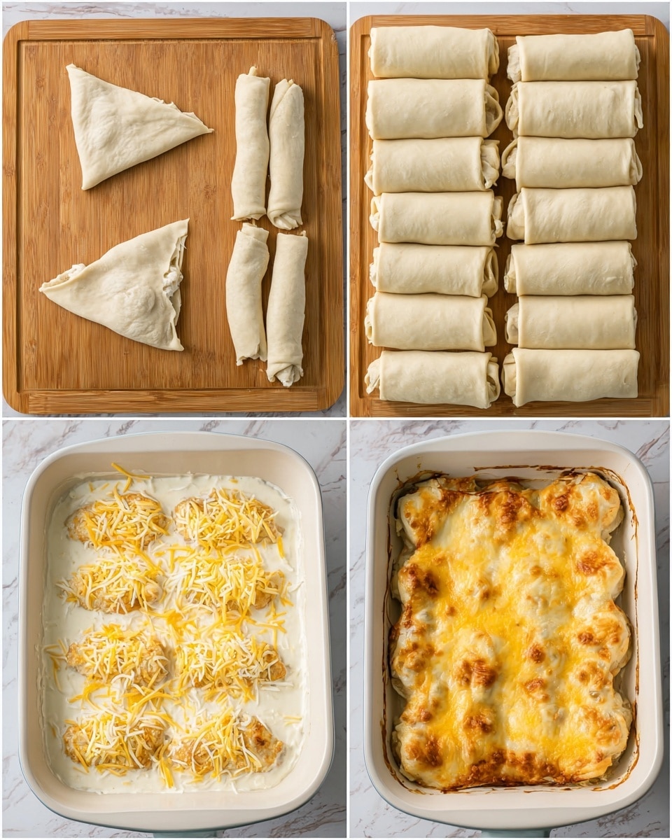 The image shows four stages of making a baked roll dish arranged in a 2x2 grid. The top-left shows two white dough triangles on a wooden board, each with a creamy chicken filling near the wide end, and three rolled dough pieces at the top of the board. The top-right shows a white baking dish filled with two neat columns of six rolled dough pieces, pale and uncooked. The bottom-left shows the same white baking dish with the rolls covered in a white creamy sauce and sprinkled with shredded yellow cheese. The bottom-right shows the final baked dish in the white baking dish, with golden brown melted cheese topping the rolls, slightly browned and bubbly. The background is a white marbled texture. photo taken with an iphone --ar 4:5 --v 7