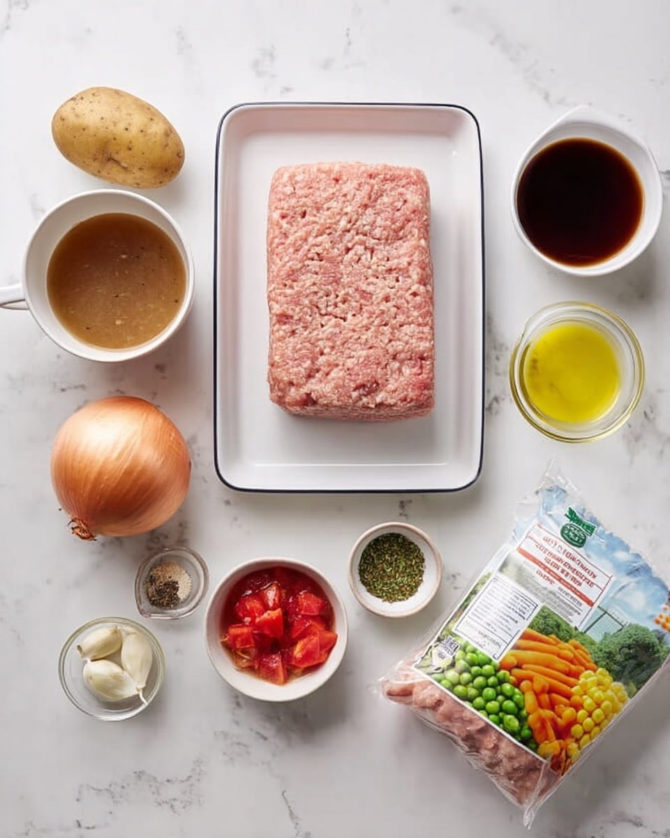 A white enamel tray holds a rectangular block of raw ground meat with a light pink color and a soft texture. Nearby on the white marbled surface are cooking ingredients including a whole golden brown potato, a whole yellow onion, a cup of brown broth, a small bowl of bright red diced tomatoes, a small bowl of dark brown soy sauce, a small bowl with green herbs and black pepper, a small bowl with two peeled garlic cloves, and a small bowl of yellowish olive oil. On the right side, there is a bag of mixed frozen vegetables with images of carrots, peas, and corn on the front. All items are neatly placed on a clean white marbled background. photo taken with an iphone --ar 4:5 --v 7