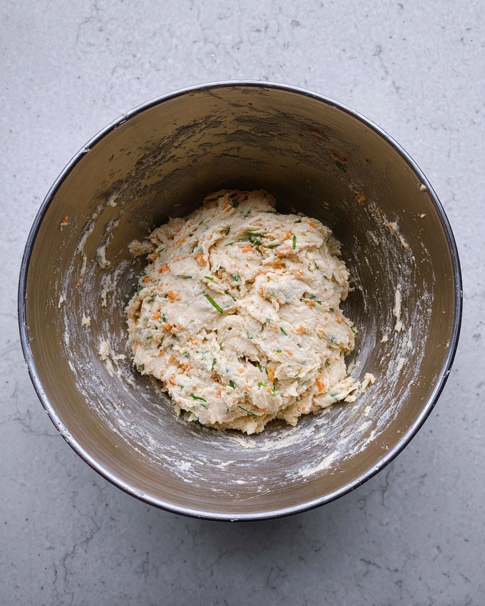 There is a large silver metal bowl filled with thick dough mixed with visible small green and orange bits throughout. The dough is light beige with a rough texture, and it sits in the center of the bowl, spreading wider at the base. The inside edges of the bowl are smeared with some dough residue, and the bowl is resting on a white marbled surface. photo taken with an iphone --ar 4:5 --v 7
