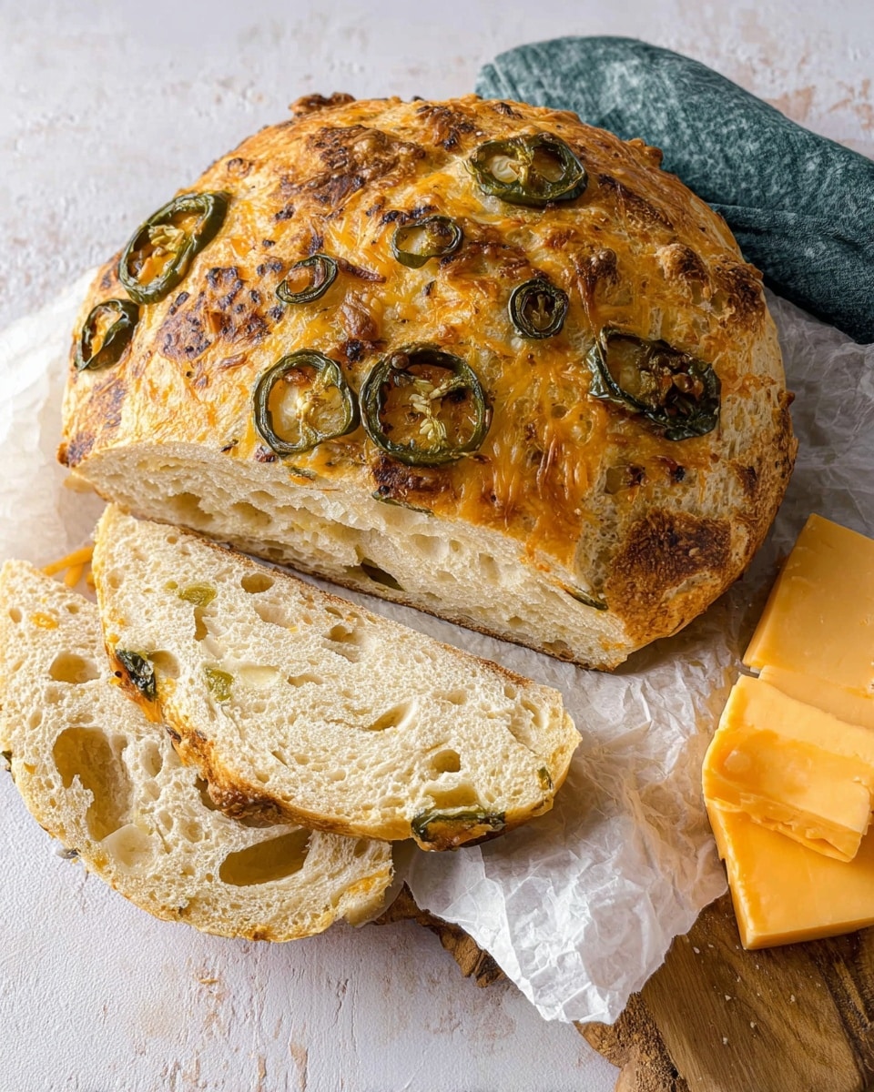 This image shows a round loaf of bread with a golden brown crust sprinkled with baked cheese and slices of green jalapeño peppers on the top surface. The loaf is partially sliced, revealing the soft, airy inside with green jalapeño pieces spread throughout the light cream-colored bread. The bread is placed on white parchment paper over a wooden board, with a few small blocks of orange cheese next to it. The setting sits on a white marbled textured surface. photo taken with an iphone --ar 4:5 --v 7