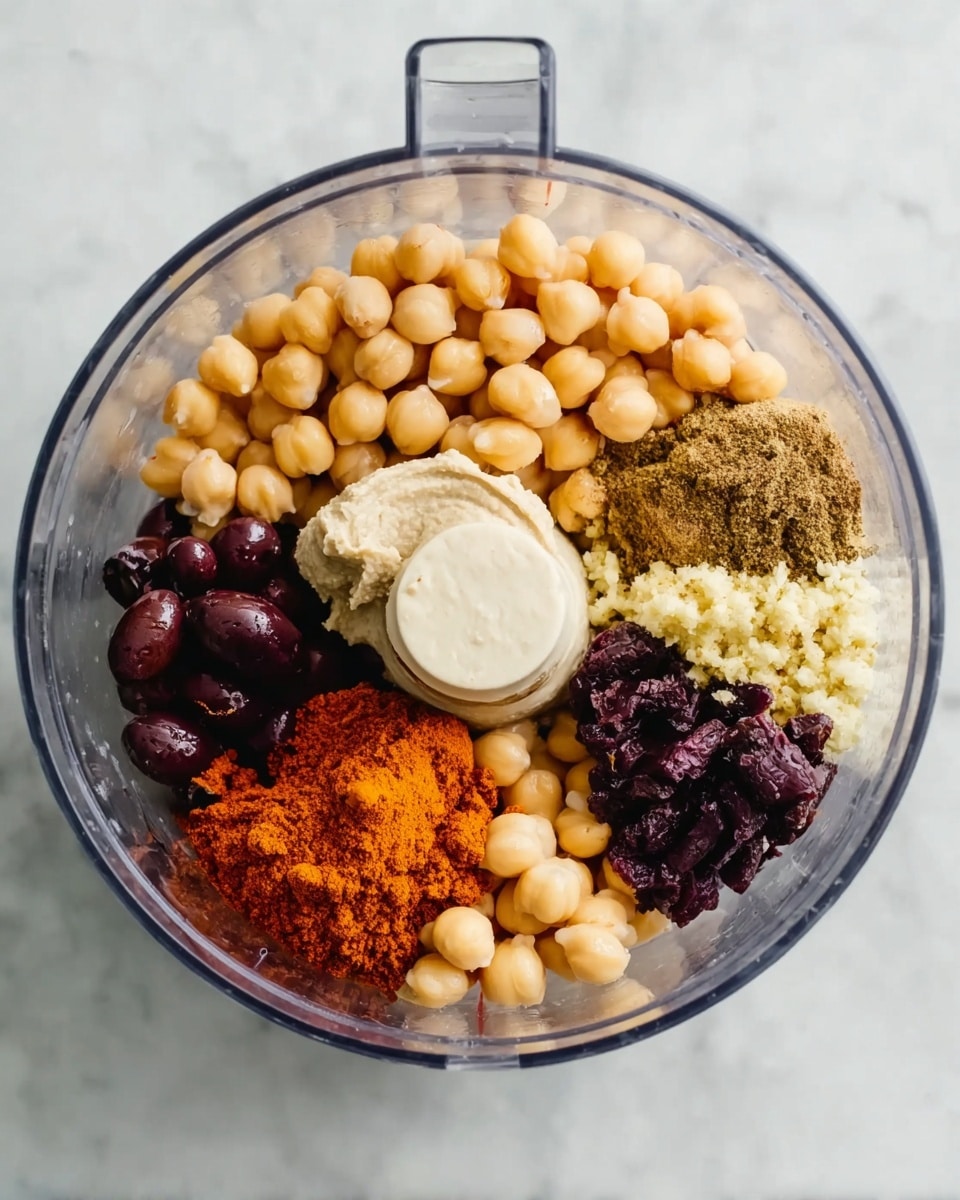 A clear round food processor bowl is shown from above, containing seven distinct layers arranged side by side in a circle. Starting at the top and going clockwise, there are light beige chickpeas with a smooth round texture, a dollop of light cream tahini with a thick and creamy texture, bright orange and brown powdered spices with fine textures, minced pale yellow garlic, dark purple sliced olives glossy in texture, and a pale beige pile of chickpeas again. The background is a white marbled surface. Photo taken with an iphone --ar 4:5 --v 7