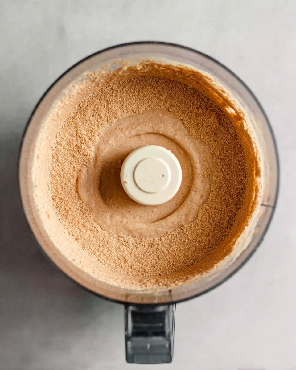 A clear food processor bowl filled with a smooth, light brown mixture that has a slightly grainy texture. The mixture spreads evenly up to the sides of the bowl, with a small circle in the center showing a plastic blade base. The background is a white marbled surface. photo taken with an iphone --ar 4:5 --v 7