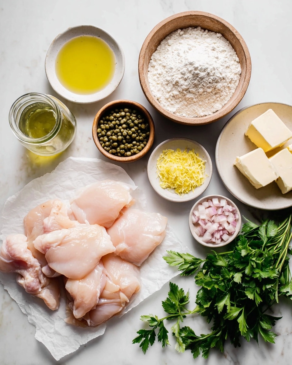 The image shows several raw pale pink chicken pieces layered loosely on a white paper sheet on the left side. Next to them, there is a small white bowl with light yellow oil, a tiny wooden bowl holding a mix of salt and black pepper, a bowl of green capers, and a wooden bowl filled with yellow lemon zest. Above these, there is a larger wooden bowl full of white flour, a small jar with translucent light yellow liquid, a row of light yellow and cream butter cubes on white wax paper, and a small white bowl filled with finely chopped pink shallots. On the far right, fresh dark green parsley leaves are scattered on a white marbled surface. photo taken with an iphone --ar 4:5 --v 7