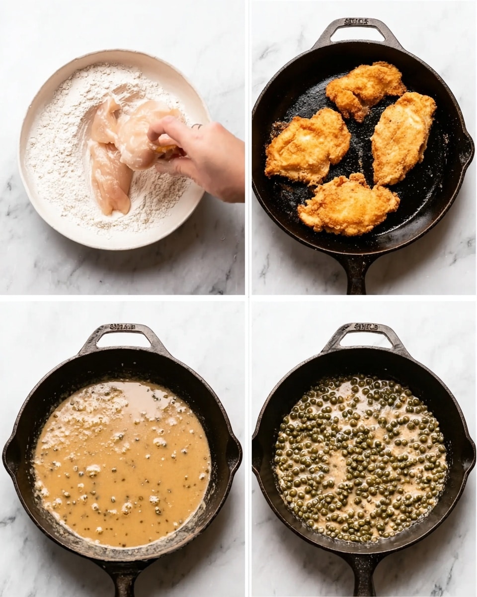 The image shows four steps of cooking in a black cast iron skillet placed on a white marbled surface. The top left corner displays raw chicken pieces being dipped into a white flour coating inside a white round shallow dish, with a woman's hand holding the chicken. The top right corner has three golden brown fried chicken pieces sizzling in the skillet. The bottom left corner shows the skillet filled with a light brown sauce with small bits, simmering gently. The bottom right corner features the skillet with the same light brown sauce now mixed with many green capers floating on top, still on the white marbled surface. photo taken with an iphone --ar 4:5 --v 7