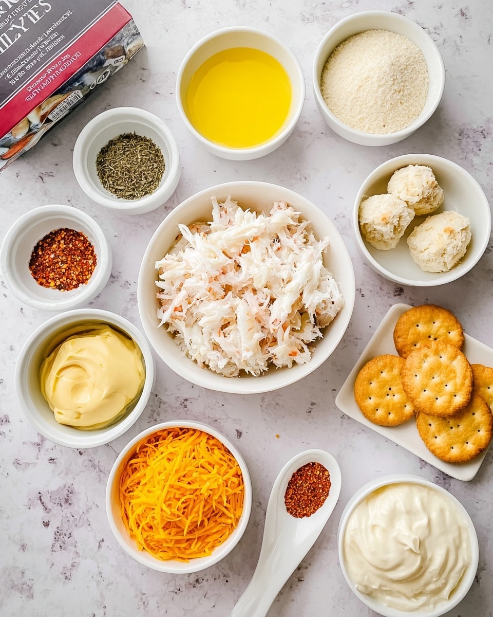 The image shows a white marbled background with several small white bowls arranged in a loose circle. The center bowl is filled with shredded white crab meat. Surrounding it, starting at the top left, is a bowl with dried herbs and minced onion, a bowl with melted yellow butter, and a bowl with white biscuit mix. To the right, a white spoon holds small piles of red and beige spices. Below, there is a bowl of pale yellow mustard, a bowl with shredded orange cheddar cheese, a bowl with round golden crackers, and another bowl filled with creamy white sour cream or mayonnaise. Partially visible on the left side is a box of Red Lobster Cheddar Bay Biscuit Mix. photo taken with an iphone --ar 4:5 --v 7