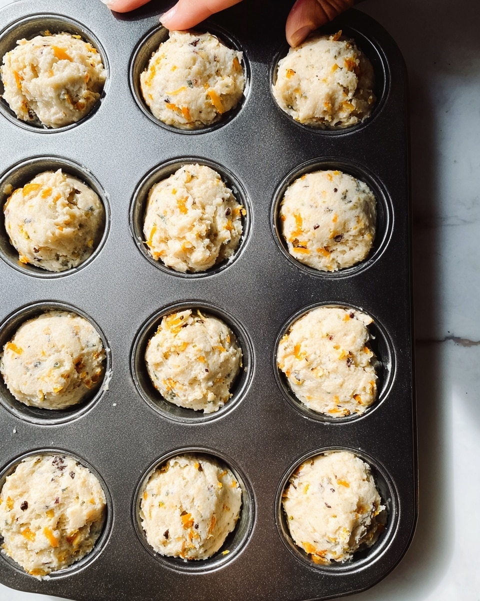 This image shows a dark metal muffin tin with twelve round compartments, each filled with rough, uneven dollops of dough mixed with small orange and gray bits. The dough looks soft and slightly sticky, sitting in mounds that don't fully fill each compartment. The muffin tin rests on a white marbled surface, adding brightness to the scene. At the edge of the top left corner, a woman's hand lightly touches one side of the muffin tin. The overall lighting is bright and natural, highlighting the texture and color details in the dough. photo taken with an iphone --ar 4:5 --v 7