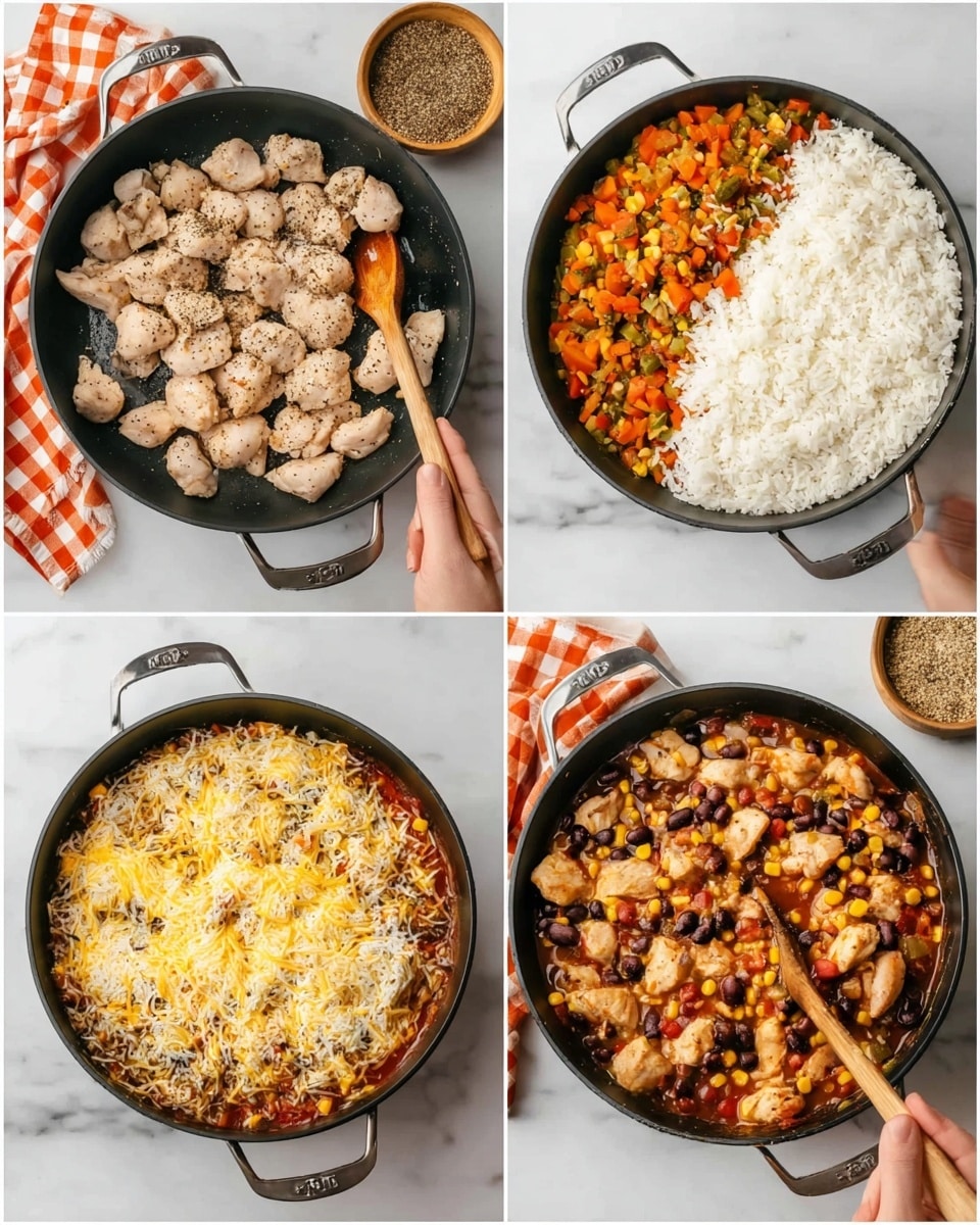 The first image shows a black pan on a white marbled surface with small pieces of light beige chicken spread inside, sprinkled with black pepper. In the second image, the same pan contains a layer of cooked orange and green vegetables topped with a large mound of uncooked white rice covering half the pan. The third image shows the pan filled with a mix of chicken, black beans, diced tomatoes, and broth, creating a colorful stew with chunks of beige chicken and dark beans visible. The last image presents the pan filled with a layered dish topped with melted yellow and white cheese, scattered with black beans and corn, creating a rich, textured top layer. A woman's hand is seen holding a wooden spoon by the pan in some frames, all placed on a white marbled surface with an orange and white checkered cloth around. Photo taken with an iphone --ar 4:5 --v 7