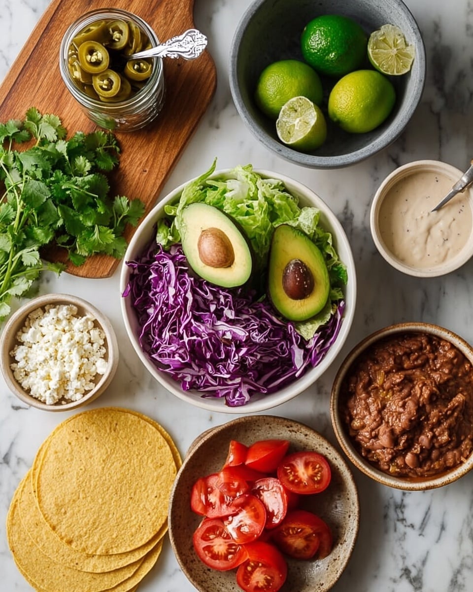 The image shows a group of colorful food items arranged on a white marbled surface. In the center is a white bowl filled with shredded purple cabbage and green lettuce, topped with two avocado halves, one holding a brown seed. To the top left, a wooden board holds a jar of sliced pickled green jalapeños with a silver spoon, a bunch of fresh green cilantro, and a gray bowl with whole and halved limes. To the right, a white cup with creamy sauce sits next to a dark bowl filled with smooth brown refried beans. Below, there's a white small bowl with crumbly white cheese, a rustic brown plate holding four red tomato wedges, and several round yellow corn tortillas spread out on the left side. The scene is bright and fresh, photo taken with an iphone --ar 4:5 --v 7