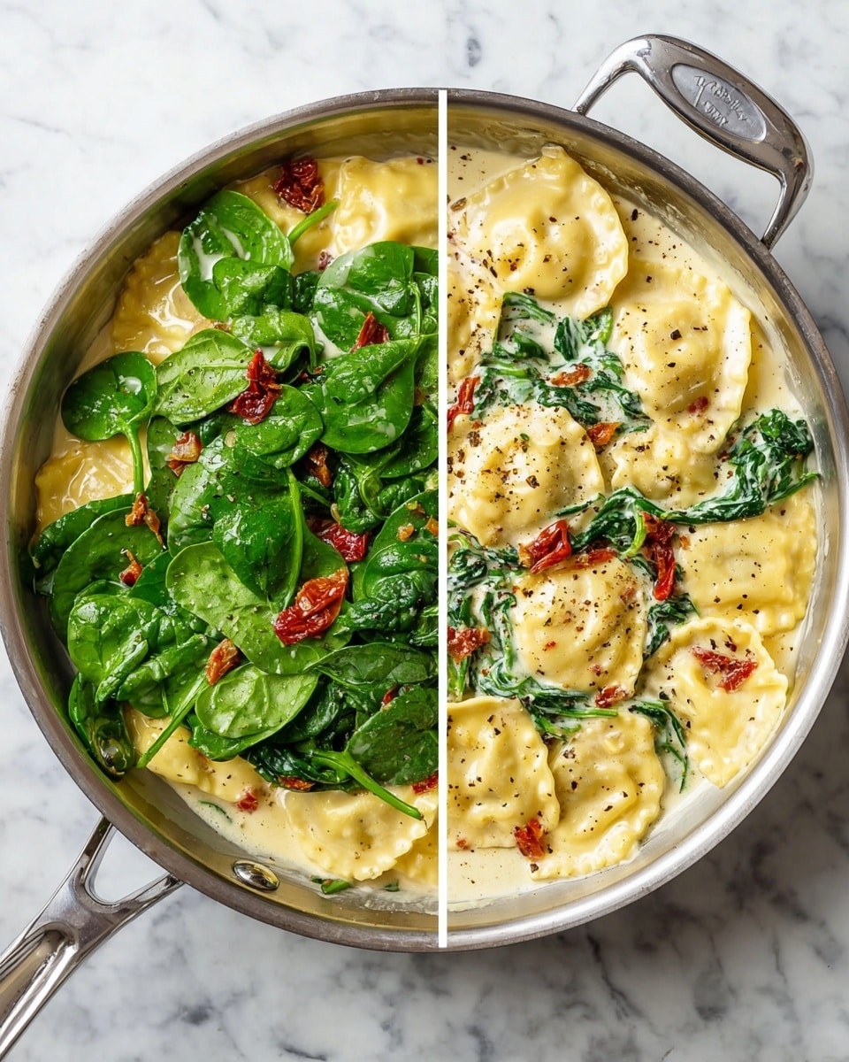 A silver pan sits on a white marbled surface filled with three layers: at the bottom is light yellow ravioli pasta fully covered with a creamy sauce, the middle layer has bright green fresh spinach leaves piled unevenly over the pasta, and the top layer shows the sauce mixed with the spinach and small pieces of red sun-dried tomatoes, all coated in a creamy white sauce with a touch of black pepper sprinkled on top, the pan handle is seen pointing toward the front left. photo taken with an iphone --ar 4:5 --v 7