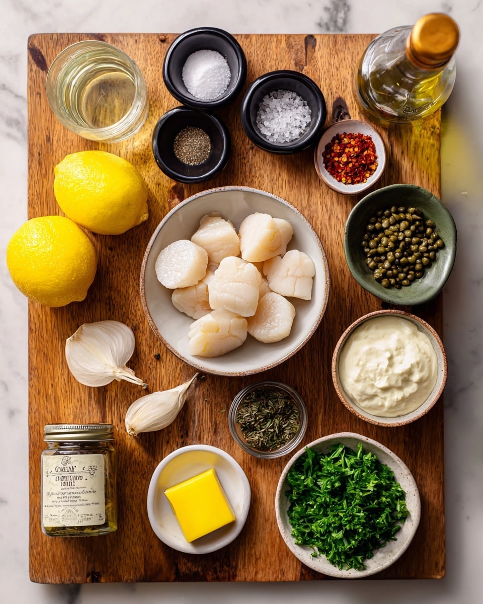 A wooden board displays various cooking ingredients neatly arranged. In the center, a white bowl holds several raw scallops that are creamy and smooth in texture. To the left, two bright yellow lemons rest on the board, above a small glass container of white wine. Surrounding the scallops, there are small containers and dishes: a black bowl of black pepper, a smaller black bowl of white salt, a small white dish with a square of yellow butter, two peeled garlic cloves, and a jar of red chili flakes. On the right side, a small glass cup filled with cream sits next to a white bowl of finely chopped green parsley. Nearby, a jar of capers with a black lid and a bottle of olive oil with a golden top complete the arrangement. All ingredients are set on a white marbled textured surface. Photo taken with an iphone --ar 4:5 --v 7