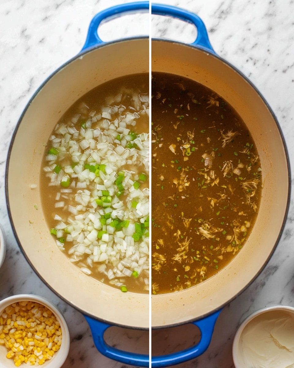 Two side-by-side images show cooking stages in a large blue and white enamel pot placed on a white marbled surface. The left image shows the pot with chopped white onions and small pieces of green peppers sizzling on the bottom, the vegetables evenly spread across the pot's off-white interior. The right image shows the same pot filled with a light brown broth containing small bits of onions and green peppers floating within, with a smooth and slightly oily surface. Around the pot are small white bowls with yellow corn and some sour cream, partially visible on the white marbled background. photo taken with an iphone --ar 4:5 --v 7