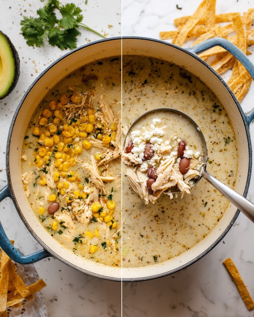 The image shows a large white pot on a white marbled surface, filled with creamy soup. On the left side of the pot, there are visible layers of yellow corn kernels, light brown shredded chicken, reddish beans, and crumbled white cheese on the beige creamy soup base with herbs and spices. On the right side, a silver ladle held by a woman's hand scoops the thick creamy soup, showing a mix of all ingredients blended together. Around the pot, there are tortilla strips, green cilantro, and a cut avocado on the white marbled surface. Photo taken with an iphone --ar 4:5 --v 7