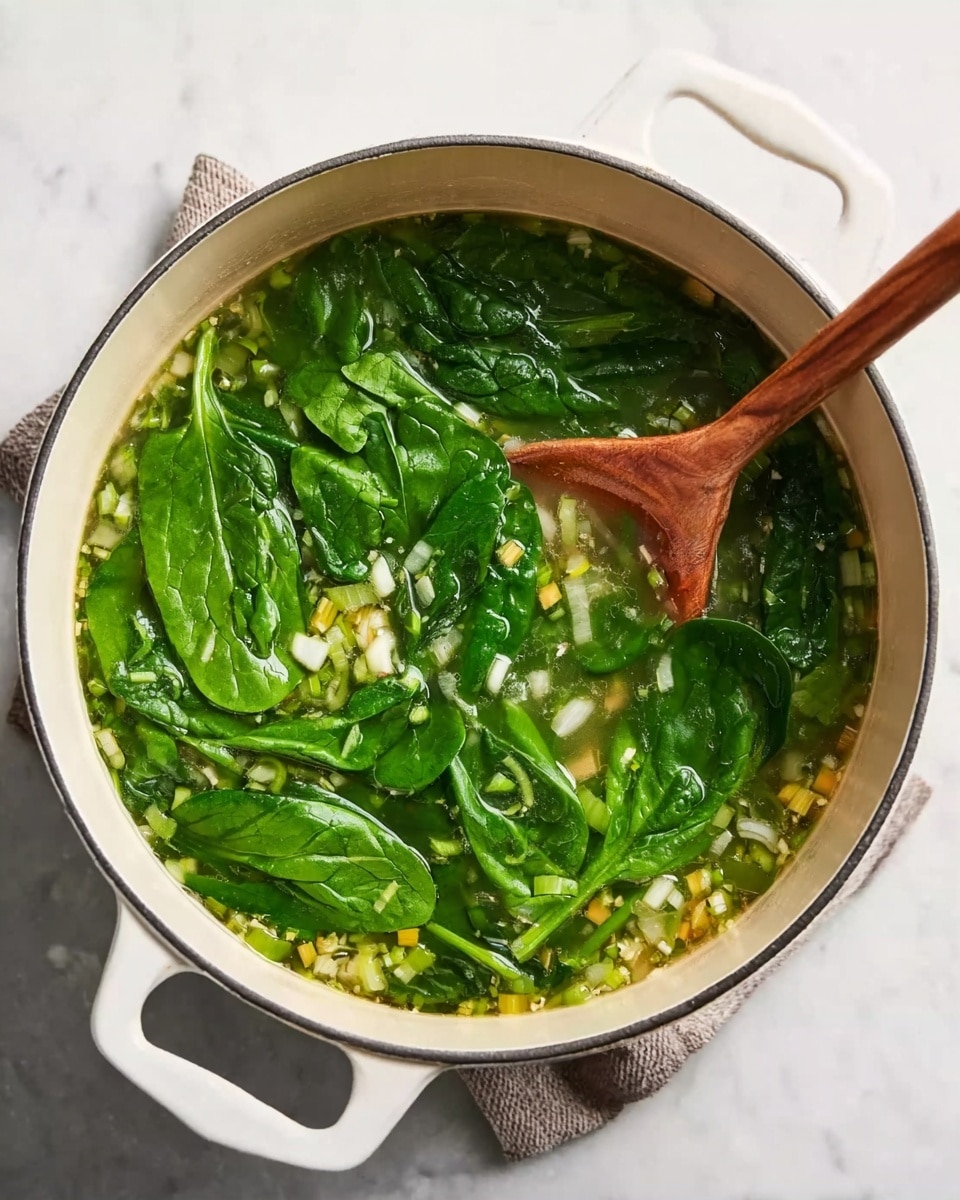 A white pot filled with clear green soup sits on a white marbled surface. The soup has large bright green spinach leaves floating on top, mixed with small chopped white and yellow vegetable pieces below. A wooden spoon with a smooth texture is placed inside the pot, partially submerged in the soup, adding a natural brown color contrast. The pot handles are visible on both sides. Photo taken with an iphone --ar 4:5 --v 7