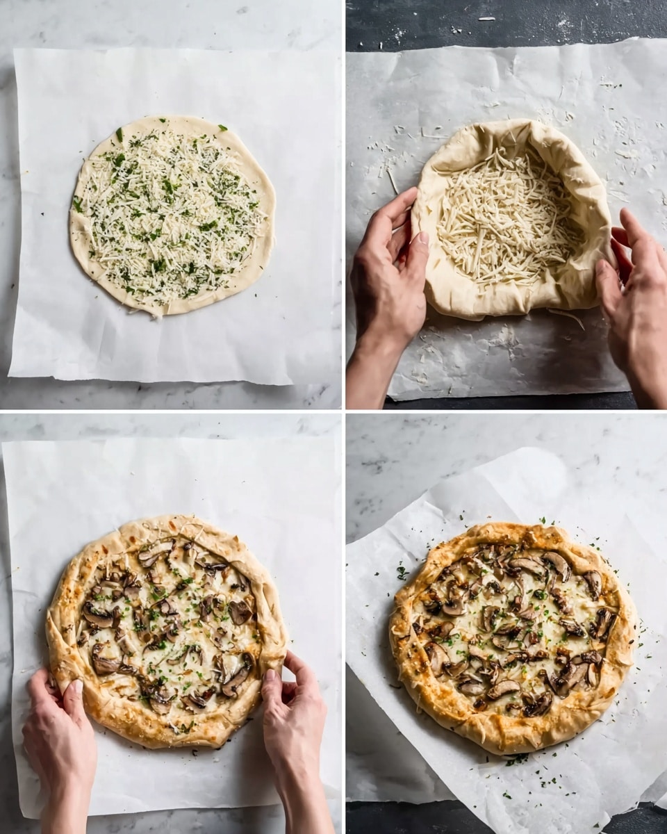 The image shows four steps of making a rustic round pizza on a white marbled surface. In the first step, a round dough base with green herbs is spread on white baking paper, topped with white shredded cheese and sliced light brown mushrooms. In the second step, a woman's hands are folding the edges of the dough up towards the center, partially covering the cheese and mushrooms. The third step shows the dough fully folded around the toppings with the cheese still visible and sprinkled with more herbs on top. The fourth step shows the finished baked pizza, golden brown on the crust with melted cheese and browned mushrooms inside, sitting on the white baking paper. Photo taken with an iphone --ar 4:5 --v 7