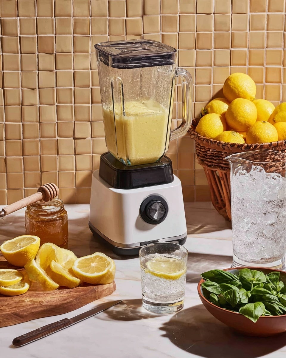 The image shows a blender with a clear container filled with a yellowish mixture sitting on a white and black base with a black dial in the middle. Around the blender, there is a wooden board with several lemon slices and a small jar filled with honey and a honey dipper. To the right of the blender, a clear glass contains a lemon slice, while behind that glass, a round basket holds three whole lemons. On the right edge of the image is a glass pitcher filled with ice water. In the lower right corner, a brown bowl holds fresh green basil leaves, next to a small knife with a wooden handle lying flat on a white marbled surface. The background is made of small beige tiles. Photo taken with an iphone --ar 4:5 --v 7