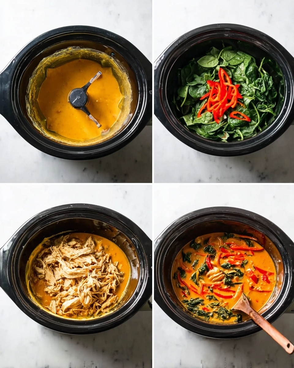 The image shows four steps in a black slow cooker set on a white marble surface. The first step has an orange-yellow liquid being blended with an immersion blender, showing a smooth texture. The second step has shredded white chicken and thin, sliced red peppers placed on top of the liquid. The third step shows a large pile of fresh green spinach added on top of the mixture, with parts of the orange sauce visible around it. The last step shows the contents stirred together with visible wilted spinach, red pepper strips, and shredded chicken in an orange sauce, with a copper-colored spoon inside. Photo taken with an iphone --ar 4:5 --v 7
