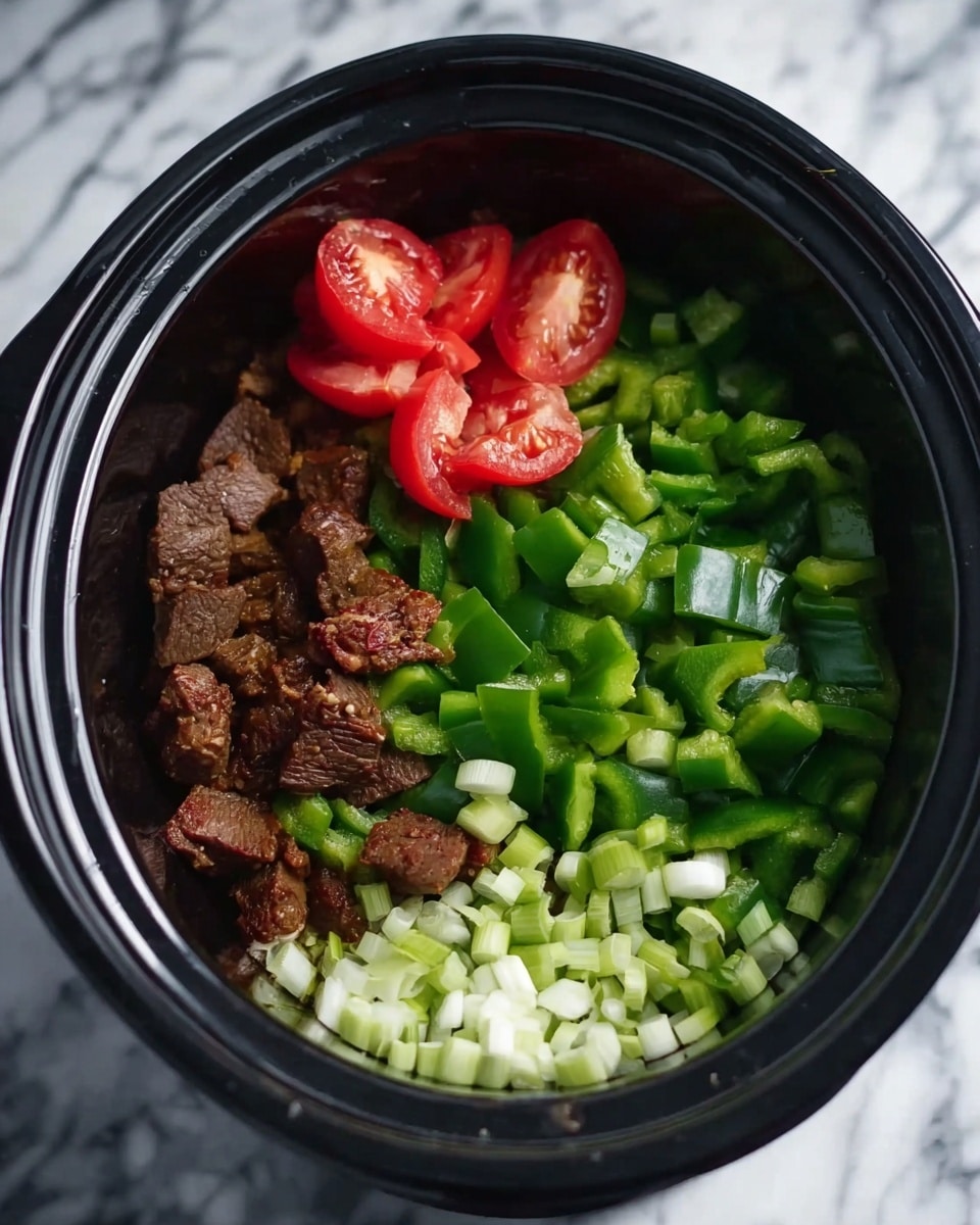 The image shows a black slow cooker filled with several layers of food. At the bottom is a layer of small pale green chopped onions scattered unevenly. On top of this is a half layer of dark brown cooked meat pieces placed toward the left side. Surrounding and above the meat are bright green chopped bell pepper pieces that fill the majority of the top layer, with two slices of red tomato sitting on the right side over the peppers. The kitchen counter is a white marbled texture. photo taken with an iphone --ar 4:5 --v 7