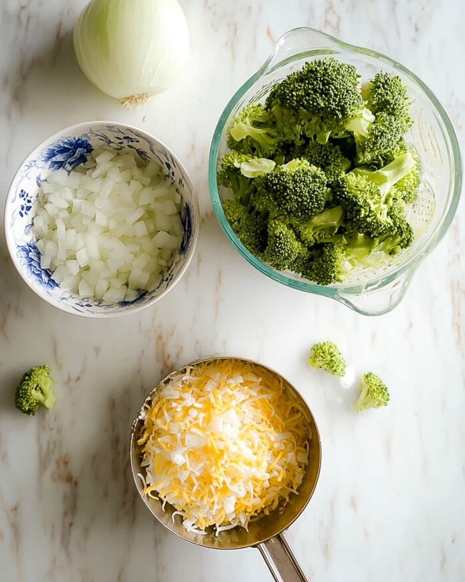 The image shows three main food items placed on a white marbled surface: a clear glass measuring cup filled with fresh green broccoli florets on the top right, a metal measuring cup filled with shredded yellow and white cheese slightly below and to the left of the broccoli with some cheese spilled around it, and a white bowl with a blue floral pattern filled with finely chopped white onions on the bottom left. There are a few small pieces of broccoli scattered on the surface near the measuring cup. The overall scene has a clean and fresh look, with the vegetables and cheese clearly visible. photo taken with an iphone --ar 4:5 --v 7