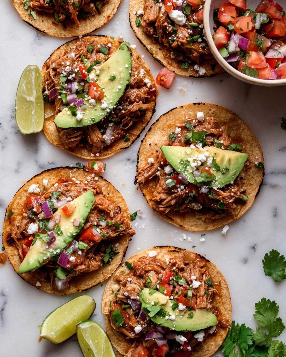 The image shows five small tacos arranged on a white marbled surface. Each taco has one layer of light brown toasted tortilla, topped with shredded cooked meat that is a rich brown color. On the side of the meat in each taco is one slice of pale green avocado. Scattered over the meat are small pieces of red tomato, tiny bits of chopped purple onion, crumbled white cheese, and some green chopped cilantro leaves. Around the tacos are lime wedges and cilantro leaves. A white bowl with mixed tomatoes, onions, and herbs is placed in the upper right corner. The photo taken with an iphone --ar 4:5 --v 7