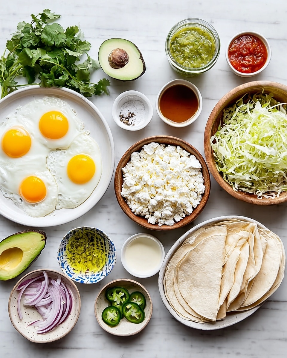 The image shows a top view of various ingredients neatly arranged on a white marbled surface. On the left, there is a white plate with four sunny-side-up eggs with bright yellow yolks on white edges. Next to it is a bunch of fresh green cilantro and two small round white dishes with coarse salt and black pepper. Above the eggs, two halves of a green avocado with a brown seed are placed. A small wooden bowl filled with white crumbly cheese is in the center. To its right, a small glass jar contains green salsa topped with a drizzle of oil. Below the cheese and salsa, there are small bowls holding red sauce, white crema, and yellow liquid. A white plate on the far right holds folded pale beige tortilla wedges. Below the avocado, a small colorful bowl contains sliced green jalapenos and red onion strips. On the right side, next to the salsa bowl, a wooden bowl is filled with finely shredded light green cabbage. The whole setup is bright and clean. Photo taken with an iphone --ar 4:5 --v 7