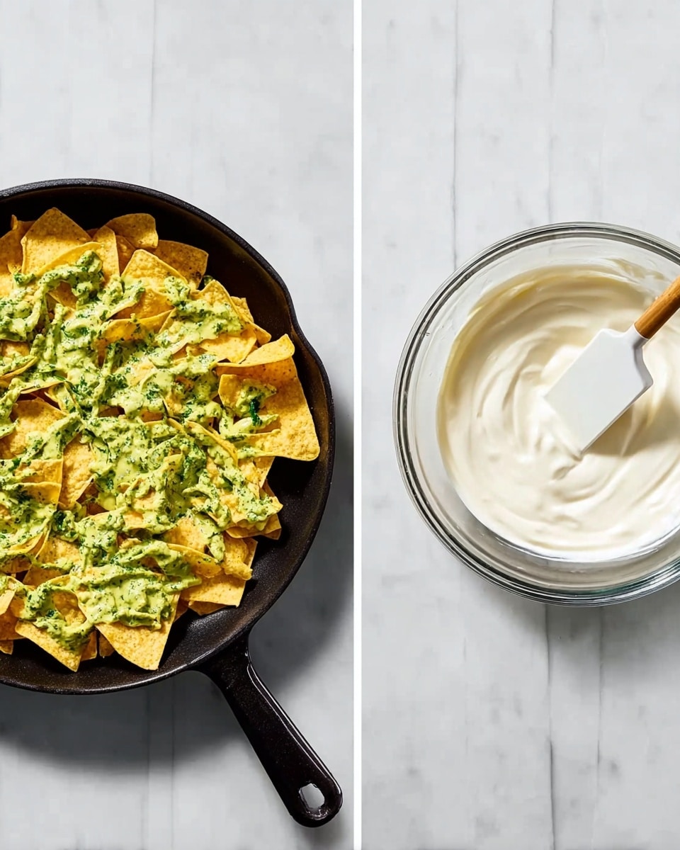 A black pan filled with yellow tortilla chips covered with green sauce and sprinkled with chopped green herbs, placed on a white marbled surface. Next to it, a clear glass bowl contains smooth, white creamy sauce with a white spatula inside. The scene is bright and clean, showing the contrasting colors of the green sauce on the chips and the pure white sauce in the bowl photo taken with an iphone --ar 4:5 --v 7