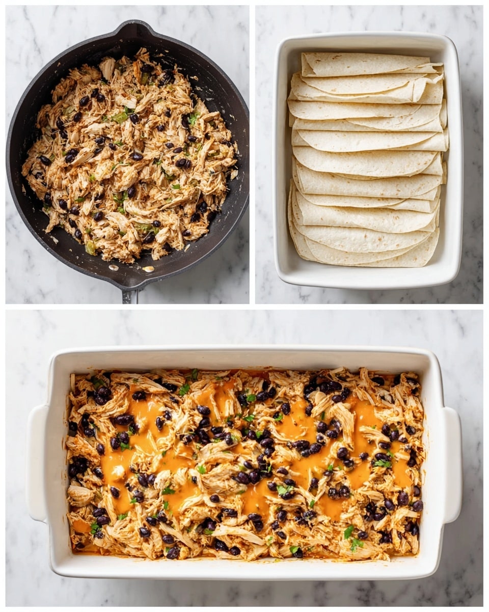 The image shows a three-step process of making a layered dish. The first part shows shredded light brown chicken mixed with black beans and green herbs in a black pan, all resting on a white marbled texture. The second part shows a white baking dish with a single layer of soft, light-colored flat tortillas arranged to cover the bottom. The third part shows the same white baking dish now filled with the shredded chicken and black beans mixture, topped with a thin layer of orange sauce, filling the entire surface evenly. Photo taken with an iphone --ar 4:5 --v 7