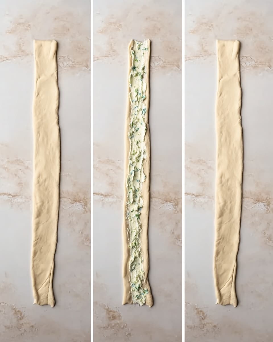The image shows a step-by-step process of preparing dough filling. In the first part, a long, narrow strip of light beige dough is laid out on a white marbled surface, smooth and flat. The second part shows the same strip with a line of green and white creamy mixture spread down the center of the dough, textured with small lumps. The third part shows the dough strip folded over the filling, forming a long, slim roll with smooth edges. Photo taken with an iphone --ar 4:5 --v 7