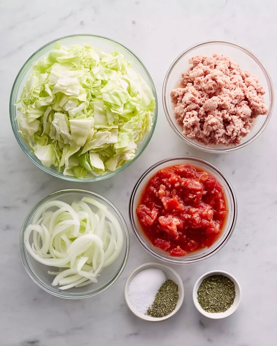 The image shows six clear glass bowls arranged on a white marbled surface. The largest bowl at the top left is filled with chopped light green cabbage with a crisp texture. To the top right, there is a medium bowl with pale pink ground meat that has a soft, crumbly look. In the middle left, a small bowl contains thinly sliced white onion rings. Below that, a medium bowl holds bright red tomato chunks in a red sauce. To the right of the tomato bowl, two tiny bowls hold green dried herbs and white salt, each with a fine texture. The setup is tidy and bright, all ingredients clearly visible and fresh. Photo taken with an iphone --ar 4:5 --v 7