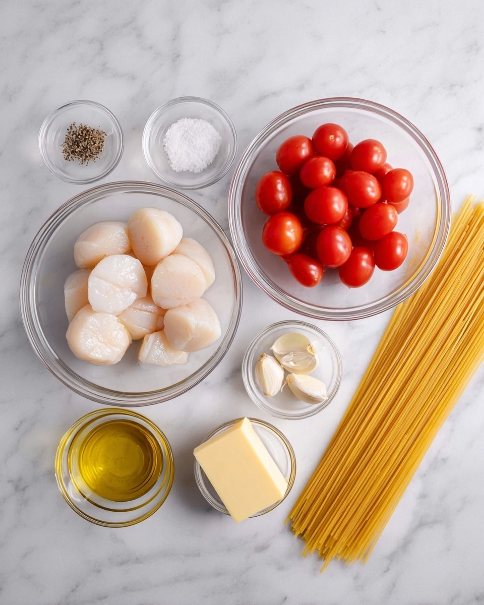 The image shows ingredients arranged on a white marbled surface, including a large glass bowl with several raw scallops that are pale and slightly shiny, a smaller glass bowl filled with bright red cherry tomatoes, a portion of dry yellow spaghetti pasta laid out to the right, a small glass bowl with a square piece of light yellow butter, another small glass bowl with two peeled garlic cloves, a glass bottle with golden olive oil, and a small glass bowl containing salt and black pepper. photo taken with an iphone --ar 4:5 --v 7
